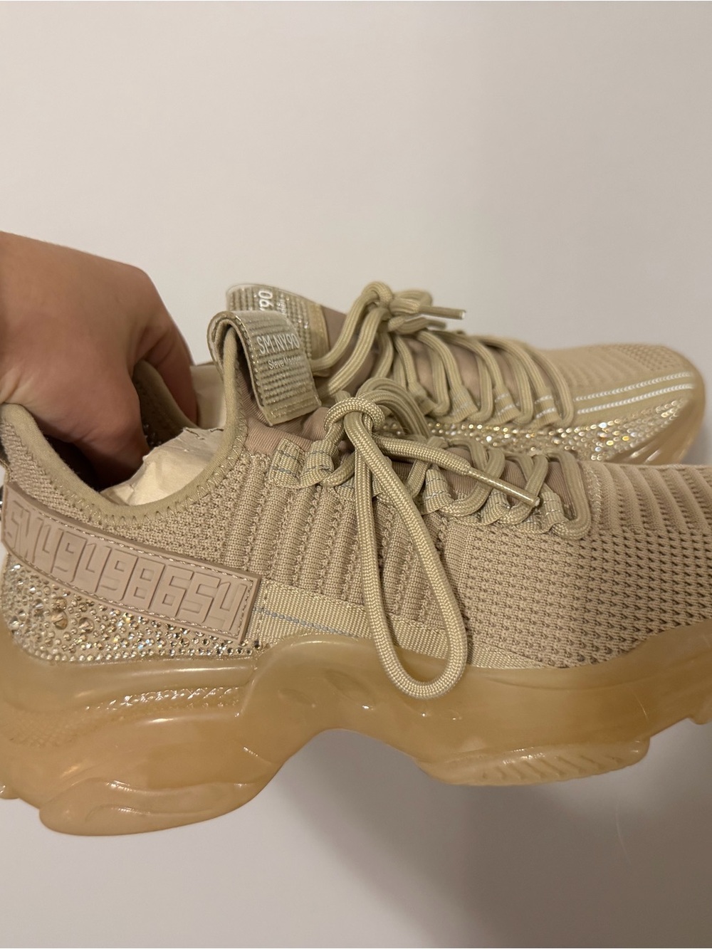 Women’s Knit Platform Fashion Sneaker in Tan with Crystal Accents